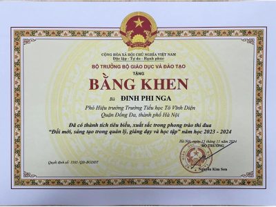 CHÚC MỪNG NHÀ GIÁO ĐINH PHI NGA – PHÓ HIỆU TRƯỞNG NHÀ TRƯỜNG ĐÃ VINH DỰ NHẬN BẰNG KHEN CỦA BỘ TRƯỞNG BỘ GIÁO DỤC VÀ ĐÀO TẠO