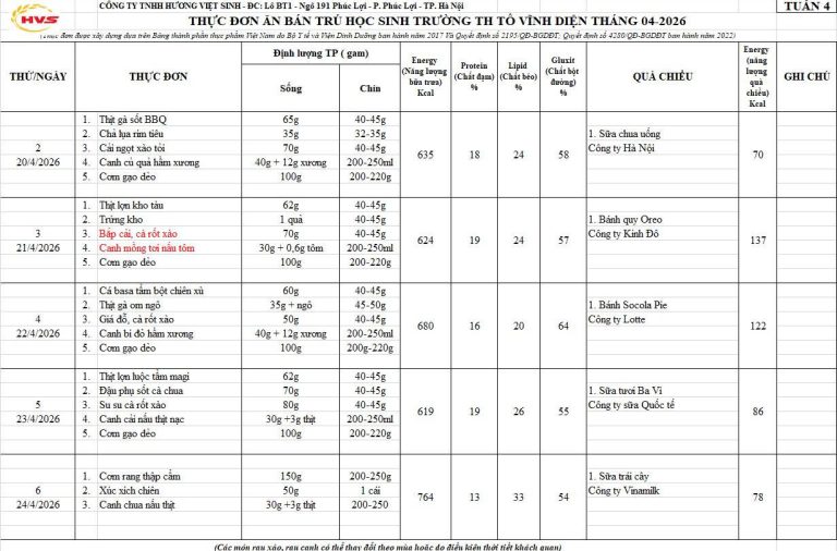 THỰC ĐƠN BÁN TRÚ TUẦN 31