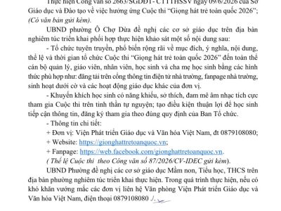 Công văn số 1398/UBND-VHXH ngày 12 tháng 6 năm 2026 của UBND Phường Ô Chợ Dừa về việc hưởng ứng Cuộc thi “Giọng hát trẻ toàn quốc 2026”