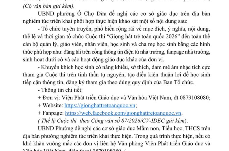 Công văn số 1398/UBND-VHXH ngày 12 tháng 6 năm 2026 của UBND Phường Ô Chợ Dừa về việc hưởng ứng Cuộc thi “Giọng hát trẻ toàn quốc 2026”