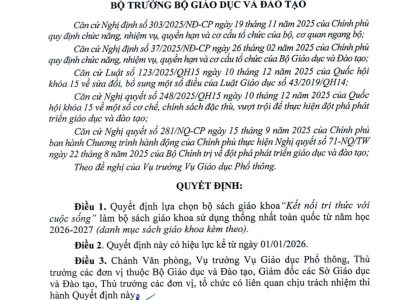 Quyết định số 3588/QĐ-BGDĐT ngày 26 tháng 12 năm 2025 quyết định bộ sách giáo khoa giáo dục phổ thông sử dụng thống nhất toàn quốc