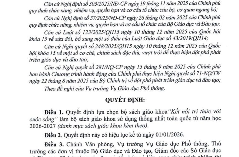 Quyết định số 3588/QĐ-BGDĐT ngày 26 tháng 12 năm 2025 quyết định bộ sách giáo khoa giáo dục phổ thông sử dụng thống nhất toàn quốc